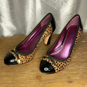 Coach Poppy Women’s 7B Patent Black Leather Animal Print Fur Heels